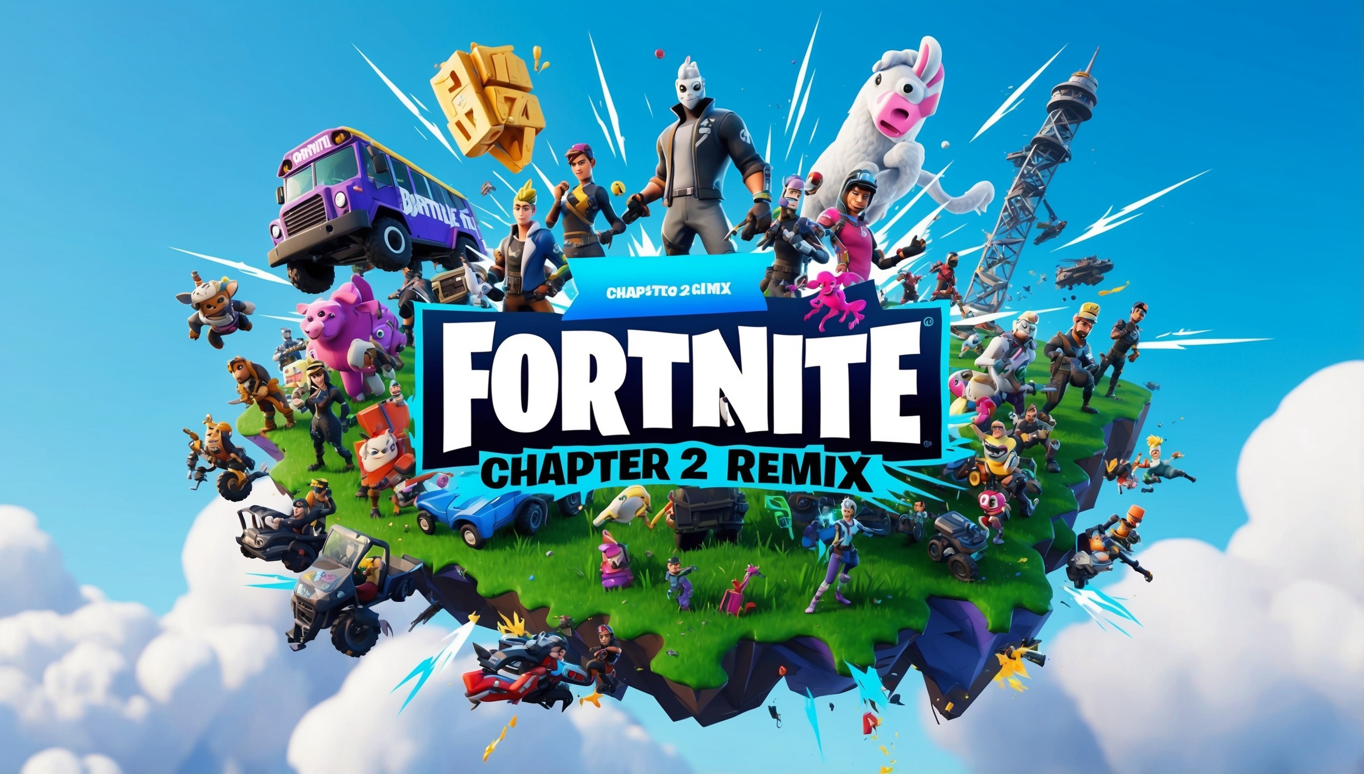 A vibrant digital illustration of the Fortnite Chapter 2 Remix game, set against a bright blue sky with puffy white clouds, featuring a colorful mashup of beloved characters, vehicles, and iconic landmarks from the game, such as the Battle Bus, Loot Llama, and Tilted Towers, all blending together in a dynamic, whimsical composition, with bold lines, exaggerated shapes, and a mix of realistic and stylized textures, evoking a sense of energetic chaos and playfulness, with the Fortnite logo emblazoned prominently in the center, in a bold, metallic silver font with a slight gradient effect, surrounded by rays of light and dynamic sparks, capturing the essence of the game's fun, competitive spirit.