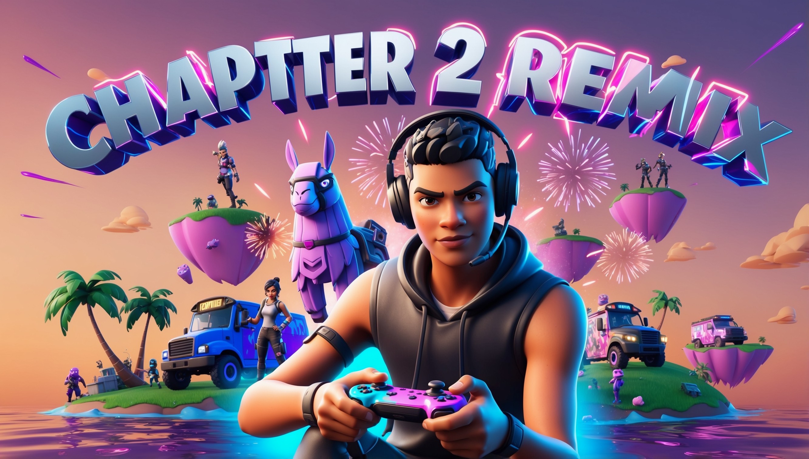 A vibrant, action-packed digital illustration of Fortnite Chapter 2 Remix, set against a warm, sunset-inspired background with hues of orange, pink, and purple. The image features a central figure, a young gamer with a Determined facial expression, wearing a sleek black gaming headset and grasping a colorful, glowing gaming controller. Their skin tone is a warm, golden brown. The gamer is surrounded by iconic Fortnite characters, such as the Loot Llama and the Battle Bus, amidst a backdrop of floating islands, palm trees, and exploding firework elements. The overall style is a mix of realistic and stylized, with bold lines and dynamic shadows. The text 