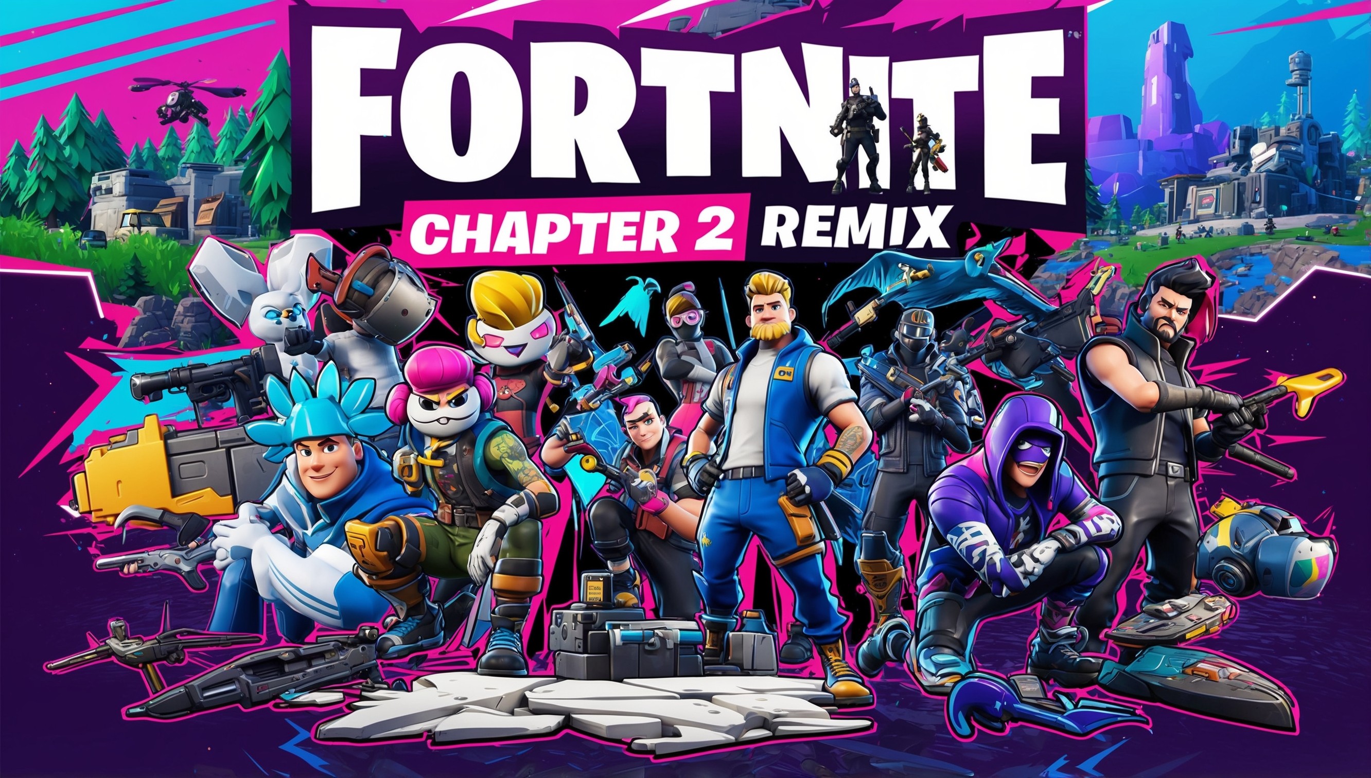 A vibrant, stylized illustration of the Fortnite Chapter 2 Remix game, featuring a dynamic composition of iconic characters, weapons, and landscapes from the popular battle royale game. The image showcases a fusion of bold, bright colors with a hint of neon, blending cartoonish elements with realistic textures. In the foreground, a grouping of popular characters, such as Jonesy, Peely, and Raven, are positioned in a heroic stance, surrounded by weaponry and utility items like pickaxes and gliders. The background showcases a diverse environment, ranging from lush forests to industrial cities, with subtle hints of terrain from popular map locations. The overall aesthetic is sleek, modern, and edgy, with bold lines, exaggerated features, and a touch of humor, staying true to the game's lighthearted tone. The image is well-lit, with a slight glow effect to highlight the characters and objects, making them pop against the richly detailed environment.