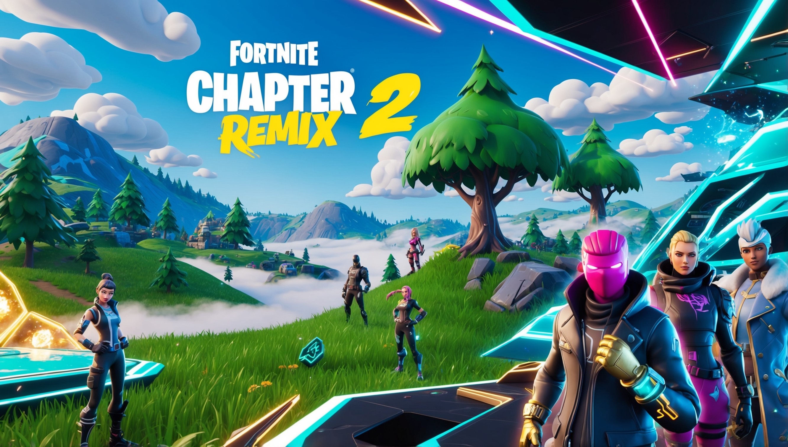 A futuristic, vibrant digital artwork depicting the Fortnite Chapter 2 Remix game scene, featuring a scenic landscape with rolling hills, towering trees, and mystical mist, set against a radiant blue sky with fluffy white clouds. In the foreground, showcase iconic Fortnite characters, such as Jonesy, Peely, or Renegade Raider, with intricate details on their outfits, facial features, and skin tones. Incorporate bold, neon-lit elements, like glowing trees, floating platforms, and sparkly effects, blending seamlessly with the natural environment. The style should resemble a mix of cartoonish simplicity and futuristic, high-tech aesthetics. Emphasize striking color contrasts, with a focus on electric blues, emerald greens, and warm golden hues. The composition should be dynamic, with diagonals, curves, and overlapping elements, creating a sense of movement and energy.