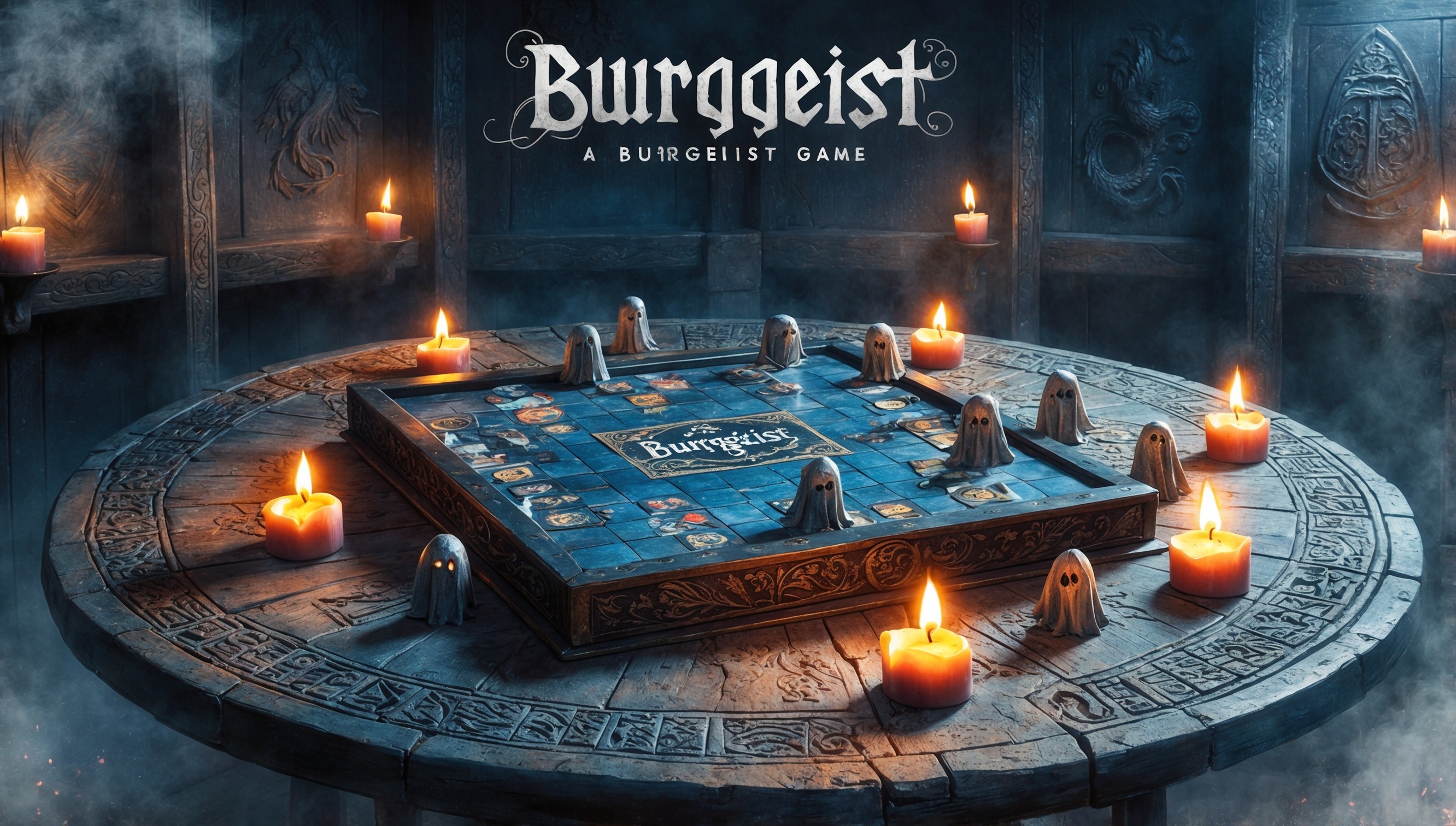 A mystical, atmospheric illustration of a Burggeist game, Set in a dimly lit, medieval inspired chamber, the game board sits atop a worn, ornate wooden table, adorned with intricate carvings of mystical creatures and ancient runes. The game pieces, shaped like tiny, ghostly apparitions, are scattered across the board, surrounded by flickering candles that cast an eerie glow. In the background, a faint, misty aura permeates the air, evoking an sense of otherworldly presence. The overall color palette is a blend of muted blues and grays, with hints of gold and crimson, reflecting the mystical and mysterious nature of the Burggeist game.