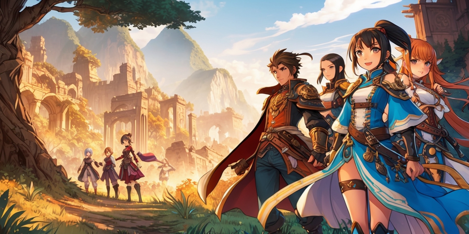 A vibrant, highly detailed illustration of the fantasy world from the popular video game Genshin Impact, featuring a scenic landscape with towering trees, majestic mountains, and intricate ruins in the background, with a warm, golden light casting long shadows across the terrain, evoking a sense of adventure and discovery. In the foreground, a group of characters from the game, including the Traveler, Amber, Kaeya, and Lisa, stand heroically, each with distinct facial features, skin tones, and attire, showcasing their unique personalities and abilities. The characters' outfits are adorned with intricate details, such as intricate embroidery, Metal accents, and flowing fabrics. The overall atmosphere is lively, dynamic, and full of movement, as if the characters are about to embark on a thrilling quest. The illustration style blends traditional Chinese and Japanese influences with modern anime elements, with bold lines, expressive brushstrokes, and delicate textures.
