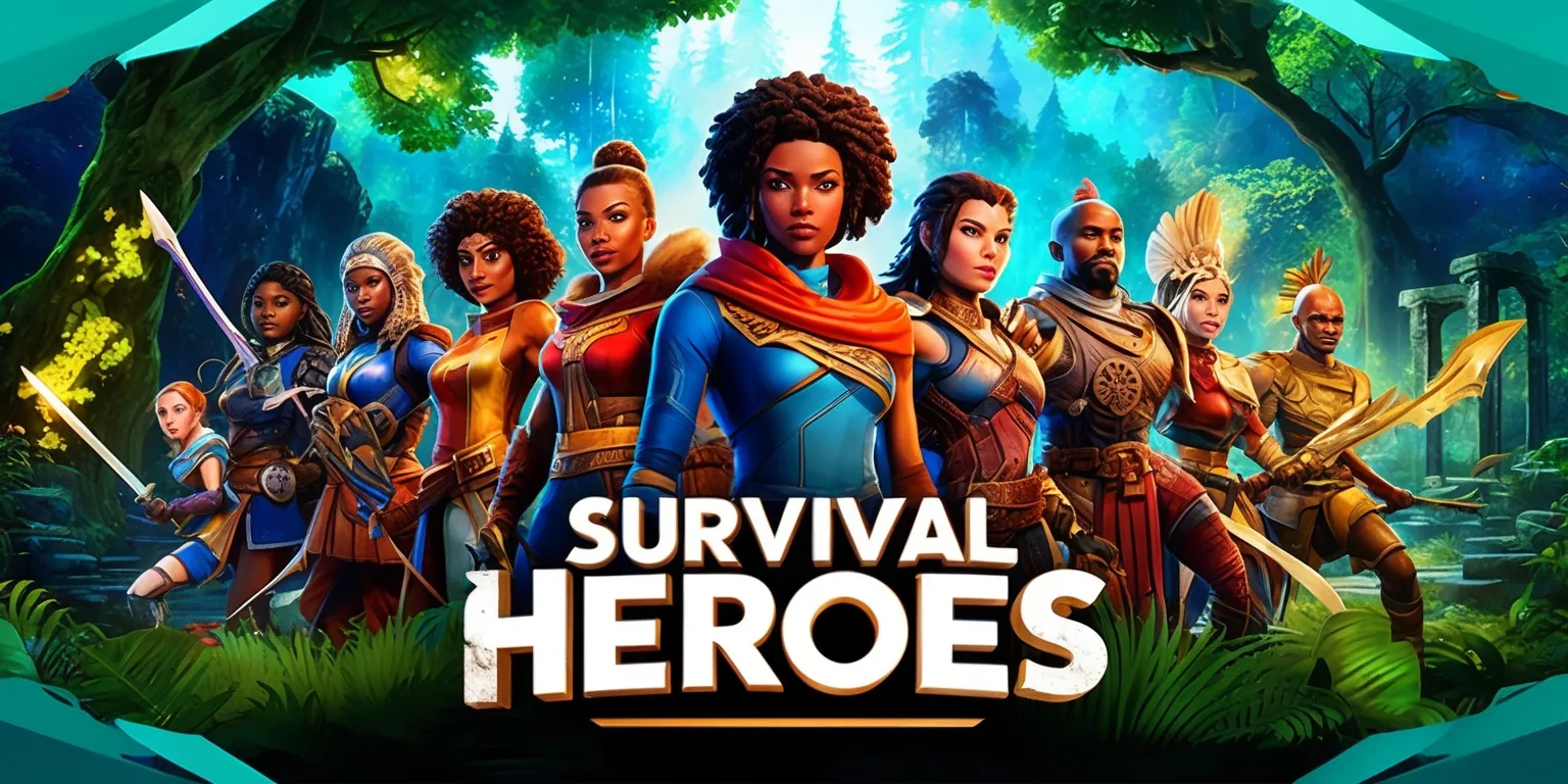 A vibrant digital illustration of a Survival Heroes game scene, featuring a diverse group of heroic characters with unique skin tones and facial features, set against a stunning backdrop of a mystical forest with lush green trees, glowing flora, and ancient ruins, with a bold color scheme and dramatic lighting, the heroes are positioned in a dynamic layout, each with distinctive costumes, weapons, and accessories, the overall style is a blend of fantasy and adventure, with intricate details and textures, the framing is cinematic, with a slight gradient effect to enhance the depth and atmosphere of the scene.