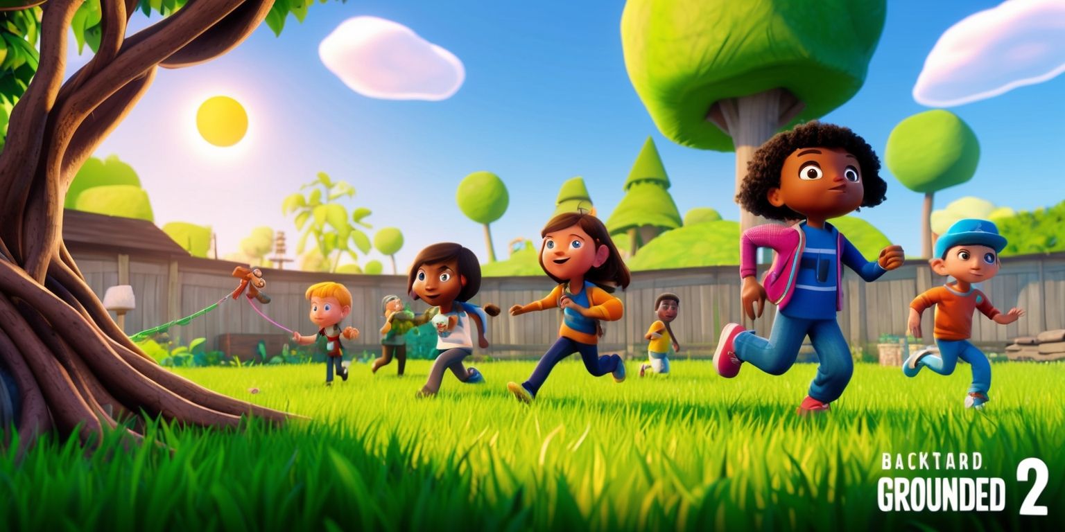 A vibrant and detailed scene depicting the backyard setting of Grounded 2, with a mix of lush green grass, twisted roots, and towering blades of grass, set against a warm sunny backdrop with a few puffy white clouds, featuring the game's main characters, a group of kids, with distinctive facial features, varying skin tones, and unique clothing, exploring and navigating through the massive environment, with a hint of adventure and excitement, incorporating the game's distinctive visual style, with bold lines, bright colors, and intricate textures, and a shallow depth of field, blurring the background to emphasize the characters and their interactions, with a sense of movement and energy, capturing the essence of exploration and discovery in the game.