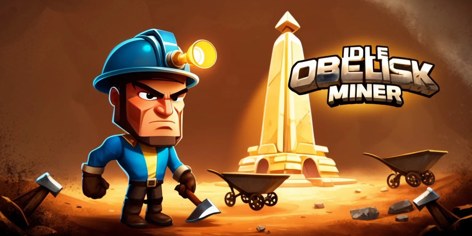 Idle Obelisk Miner game scene featuring a lone miner character with a strong jawline and determined expression, wearing a mining helmet with a lit lamp, set against a rustic background of earthy tones with shades of brown and beige, surrounded by pickaxes, mining carts, and a massive obelisk structure in the center, with a warm golden light illuminating the scene, and a subtle texture of dust and dirt, with the game's logo in a bold, modern font with a metallic sheen, displayed prominently at the top of the image, in a landscape layout with a slight depth of field effect to emphasize the obelisk and miner.