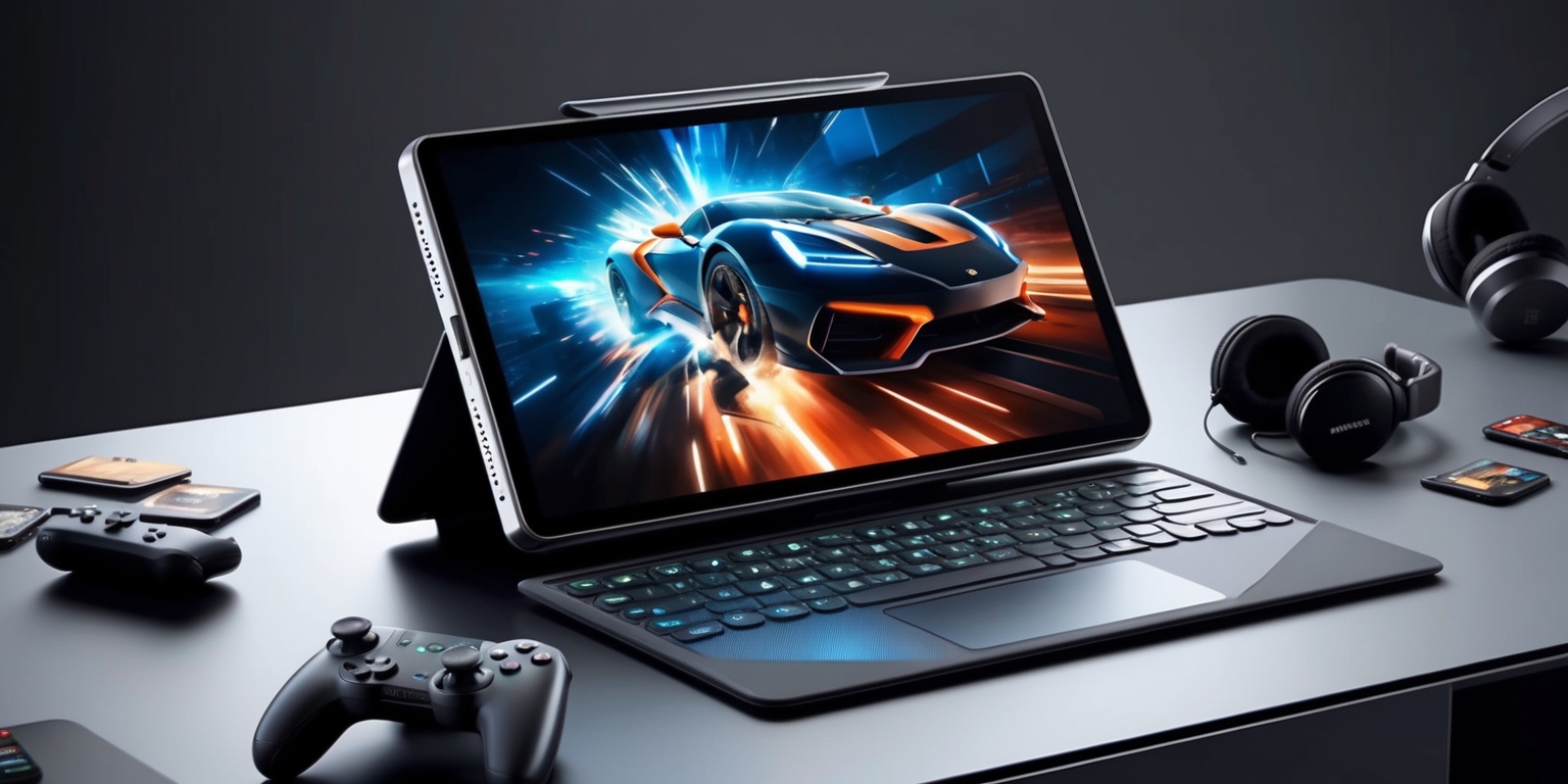 A sleek, high-end gaming tablet with a large, vibrant 4K screen, featuring a razor-thin metallic body with chamfered edges, subtle vents, and a precision-crafted kickstand that allows for multiple viewing angles, situated on a minimalist, modern desk with a subtle gradient effect, surrounded by scattered gaming accessories, such as a wireless controller, gaming headset, and a few scattered game cartridges, with a subtle glow emanating from the tablet's screen, showcasing a rich, detailed in-game environment with deep blues, radiant whites, and warm orange hues, exuding a sense of luxury, sophistication, and cutting-edge technology.