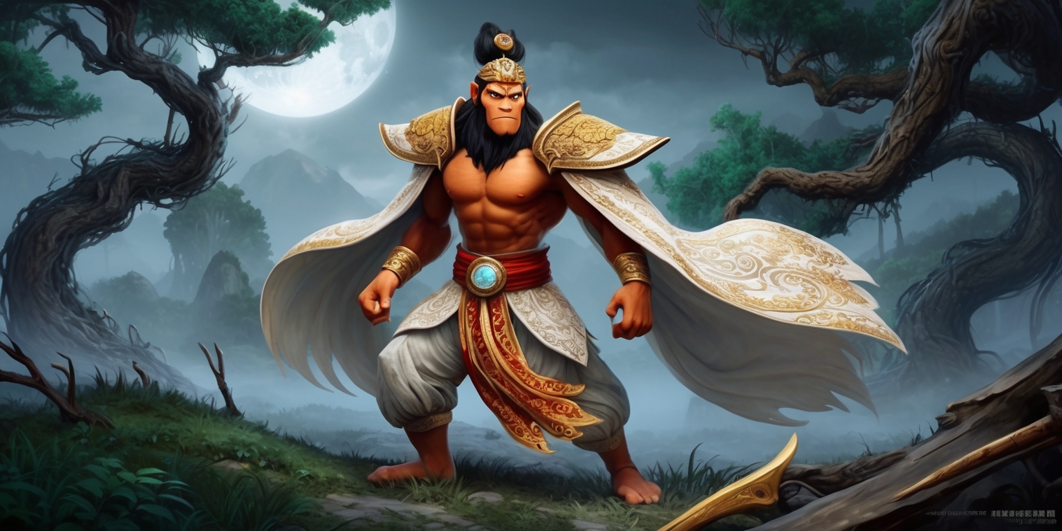 A majestic, intricately detailed illustration of the Monkey King, Wukong, from the action-adventure game Black Myth Wukong, set against a misty, moonlit Chinese landscape with lush greenery and ancient, gnarled trees, their branches twisted with age, in the background. Wukong stands proudly, showcasing his impressive physique, with a strong, confident expression on his face, his eyes gleaming with a fierce inner light, his skin a radiant, golden brown. He wears a flowing, embroidered white robe with billowy sleeves, intricately patterned with golden thread, and a headband with a gleaming, golden circlet, adorned with a small, glowing gemstone. His iconic staff, the Ruyi Jingu Bang, lies at his feet, its wooden surface worn and weathered, infused with mystical energy. The atmosphere is mystical and foreboding, with hints of ancient magic and mythological power emanating from the scene, painted in a vibrant, dynamic style, with bold brushstrokes and vivid, contrasting colors.