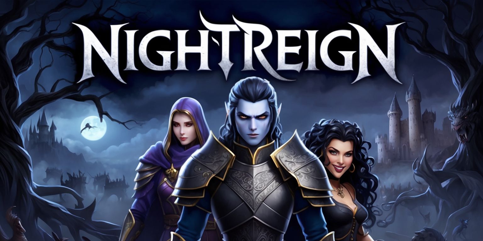 A dark fantasy video game scene from Nightreign, set in a mystical realm with a haunting atmosphere, featuring a gothic-inspired landscape with twisted trees, misty fog, and a moonlit sky, the game's title Nightreign emblazoned in bold, silver lettering with a medieval-style font, at the top of the image, with a group of characters in the foreground, including a heroic warrior with a determined expression, piercing blue eyes, and pale skin, wearing a suit of armor with intricate engravings, standing alongside a mysterious sorceress with long, curly black hair, and a mischievous grin, set against a backdrop of ancient castles, and mystical creatures lurking in the shadows, with a color palette dominated by shades of indigo, purple, and dark grey, and a sense of foreboding and adventure.