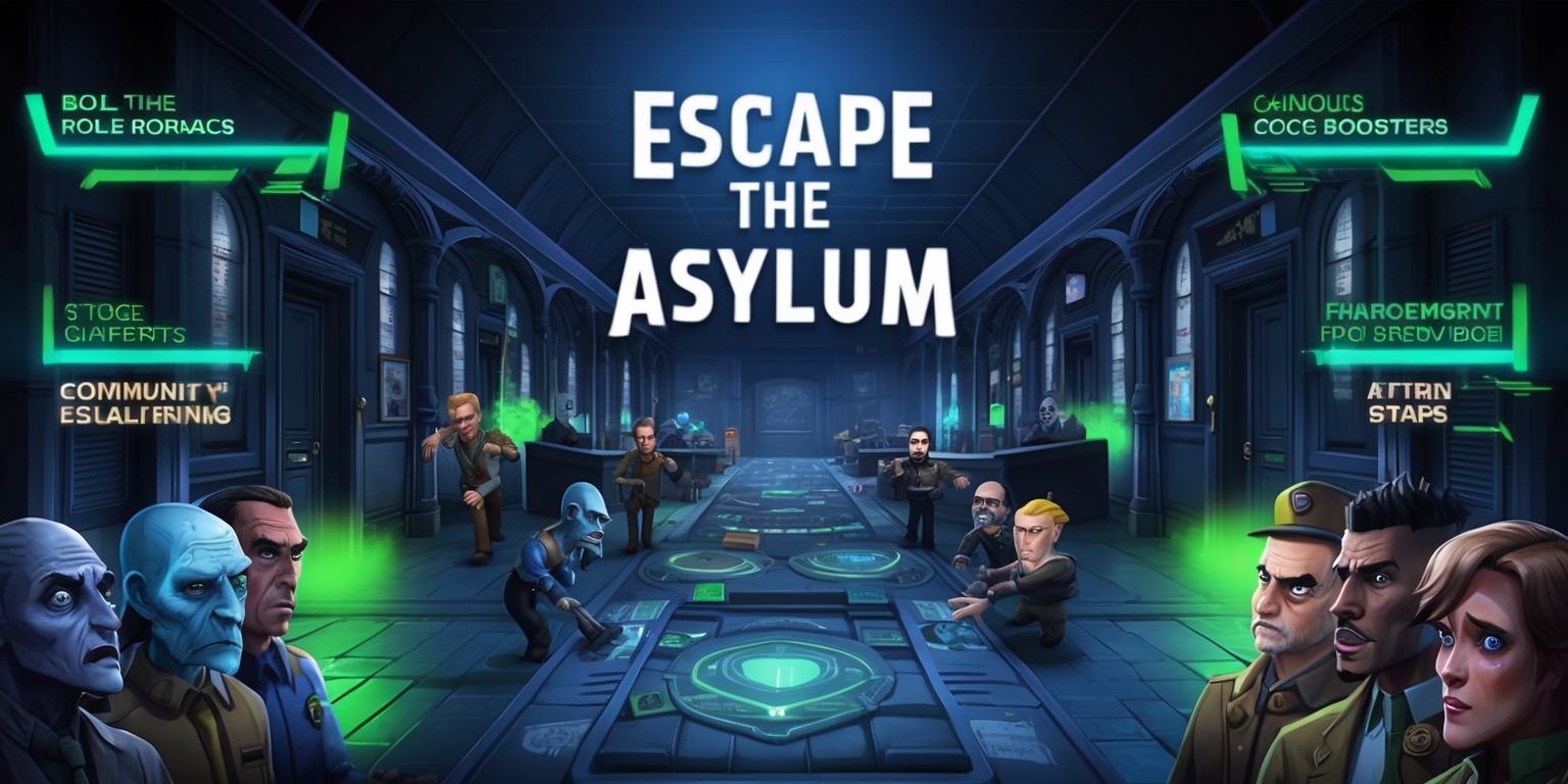 A dimly lit, eerie digital asylum serves as the backdrop for the Escape the Asylum game, with intricately designed corridors and rooms filled with role-specific challenges, unique coded boosters, and immersive puzzle-like gameplay elements, where patients with distressed facial expressions and staff with determined looks, both with diverse skin colors and unique attributes, engage in a thrilling strategy-based role-playing experience, with bold, futuristic fonts displaying the game's title and community engagement features, set against a dark, gradient blue background with flashes of bright, neon green and blue accents, highlighting the game's dynamic and evolving atmosphere.