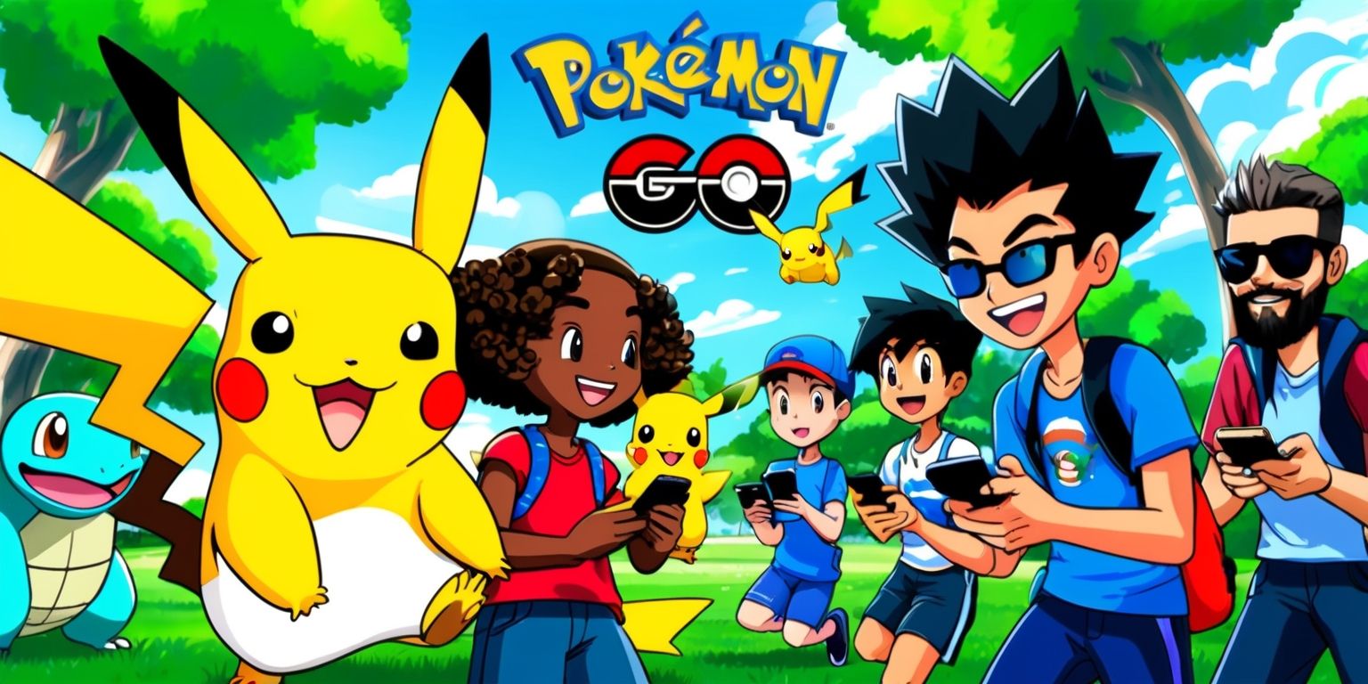 A vibrant and dynamic digital illustration of the Pokémon GO game, set against a bright and sunny outdoor background with lush green trees, blue skies, and fluffy white clouds, featuring a variety of Pokémon such as Pikachu, Charizard, and Squirtle, with a mix of players of different ages, skin colors, and facial features, including a young girl with curly brown hair and a big smile, a boy with short black hair and excited eyes, and an adult with a beard and sunglasses, all holding their mobile devices and engaging with the game, with the Pokémon GO logo prominently displayed in a bold, red, and white font, and the overall style inspired by a mix of realistic and cartoonish elements, with bold lines, bright colors, and a sense of energy and adventure.