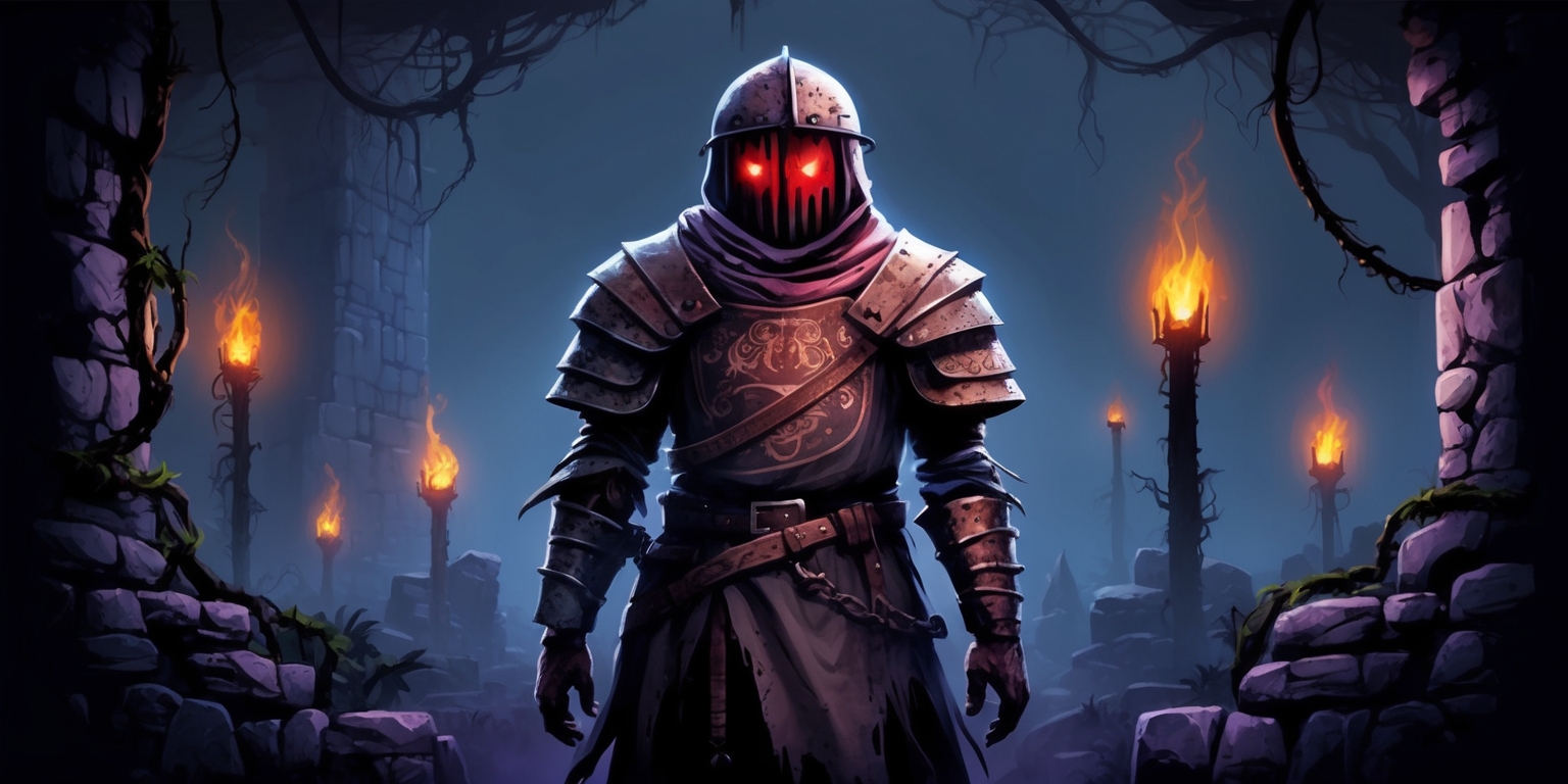 A hauntingly vibrant illustration of the Dead Cells game, set against a dark, eerie background with subtle, muted tones of blue and purple, evoking a sense of foreboding and mystery. In the foreground, a lone, intricately designed character, the Prisoner, stands proudly, adorned in tattered, worn-out armor, with visible, detailed engravings and a haunting, glowing red eye, symbolizing determination and resilience. The character's facial features are obscured by a worn, rusty helmet, while the surrounding environment is littered with ancient, crumbling stone structures, twisted vines, and flickering, lantern-like torches, casting an ominous, flickering glow. The overall aesthetic is a perfect blend of dark, gothic architecture and eerie, atmospheric lighting, capturing the essence of the critically acclaimed roguelike action game.