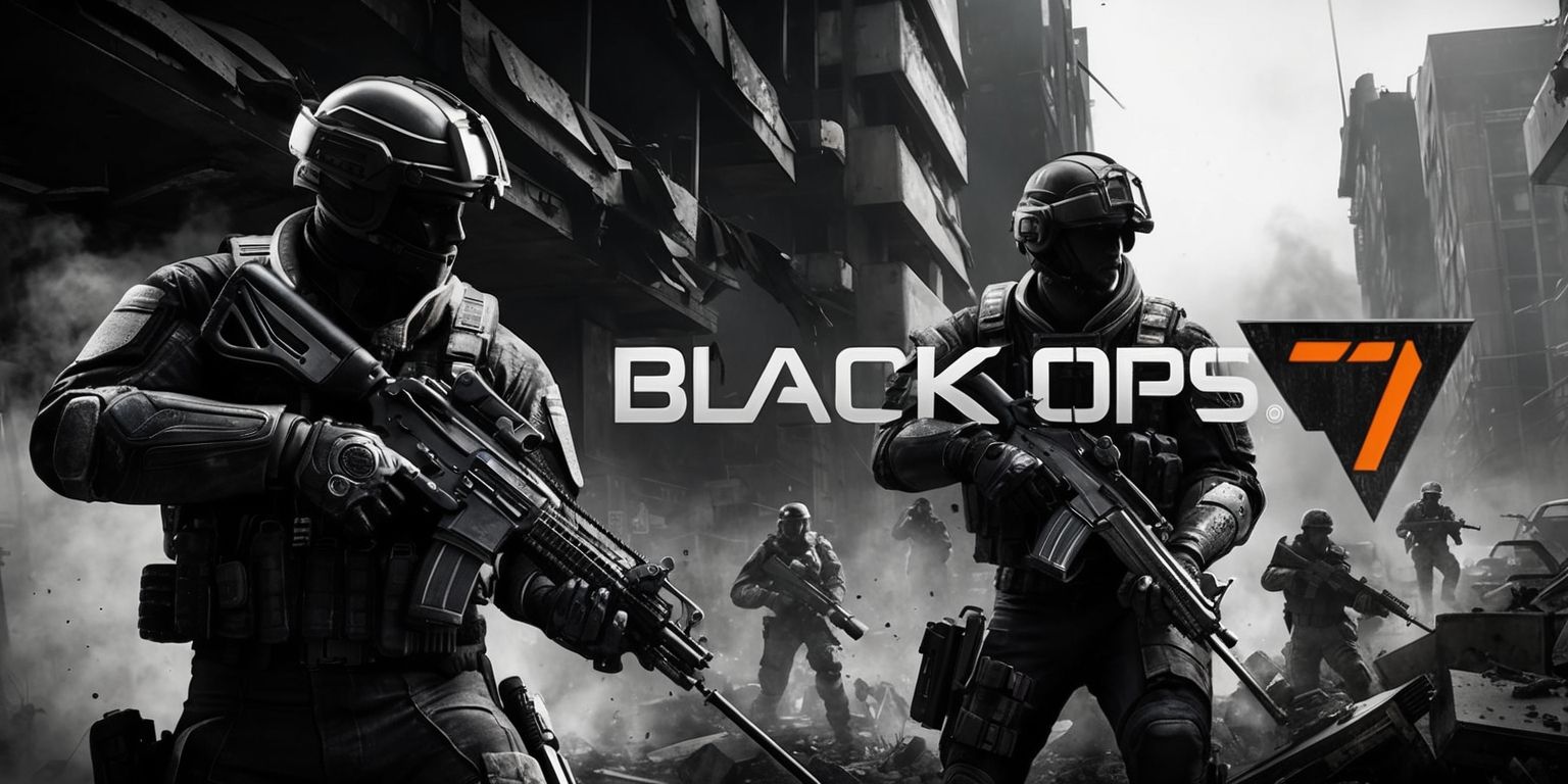 A gritty first-person shooter game scene from Black Ops 7, set in a dark and ominous urban environment with a mix of modern and dystopian elements, featuring a black and white color scheme, with soldiers dressed in futuristic tactical gear, armed with high-tech weaponry, and advanced military equipment, amidst a backdrop of destroyed buildings, rubble, and smoke, with a strong emphasis on action, drama, and intense lighting, including bold shadows and highlights, and a sense of urgency and chaos, with a large Black Ops 7 logo prominently displayed in a bold, metallic font, with a dark grey and silver color scheme, and a subtle texture to give it a worn and battle-hardened look.