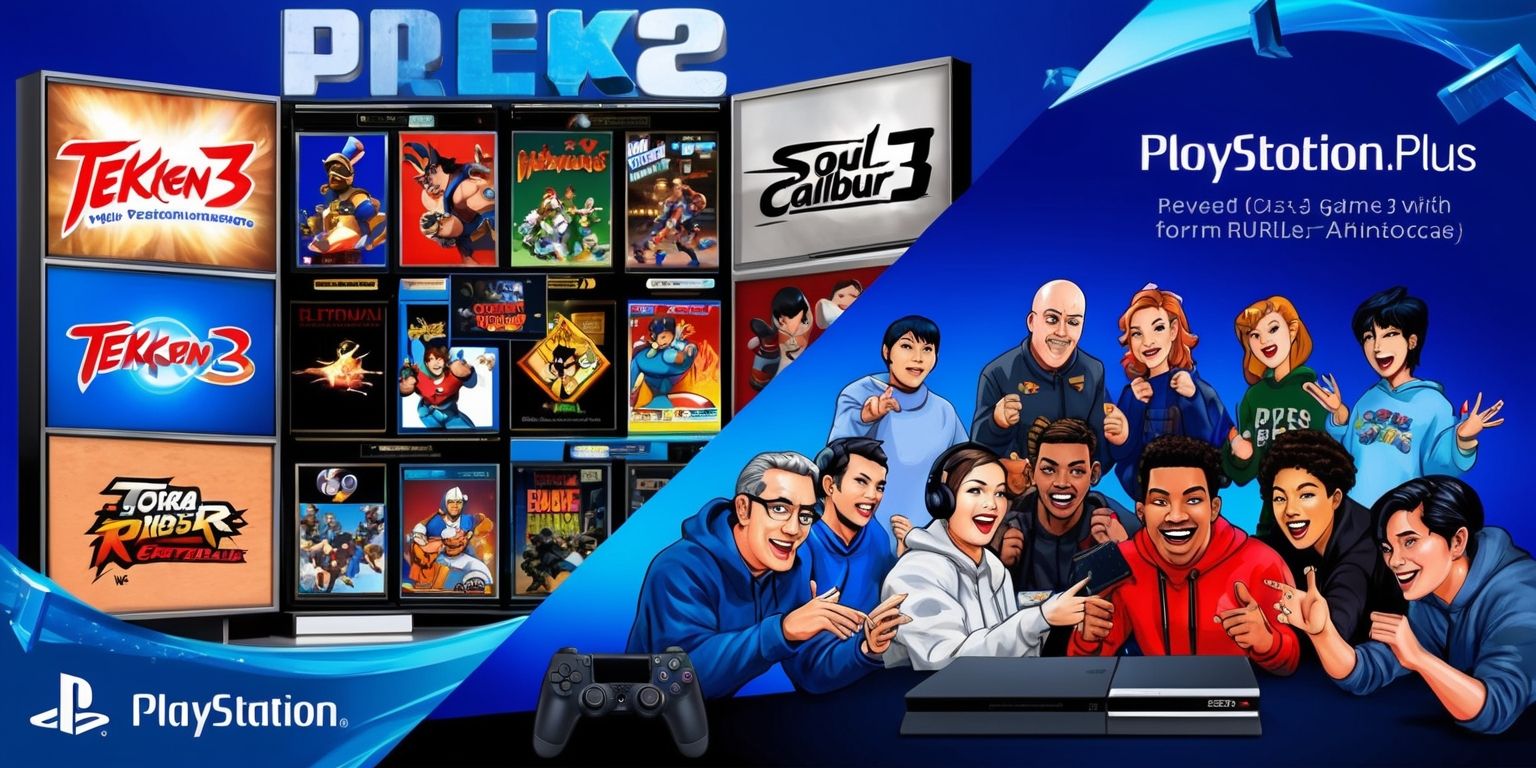 A detailed illustration of the PlayStation Plus Premium service, showcasing iconic classic games such as Tekken 3, Soul Calibur 3, and Tomb Raider: Anniversary, revived on modern gaming platforms, with a blend of nostalgic and contemporary elements, featuring a split-screen layout with a retro-themed background and a sleek, futuristic foreground, highlighting the fusion of old and new, with vibrant colors and crisp graphics, and incorporating the PlayStation logo in a bold, blue font, with taglines and headers in a modern, sans-serif style, and a diverse group of gamers from different age groups and ethnicities gathered around a console, engaged in enthusiastic conversations and gestures, with a range of facial expressions, from excitement to nostalgia.