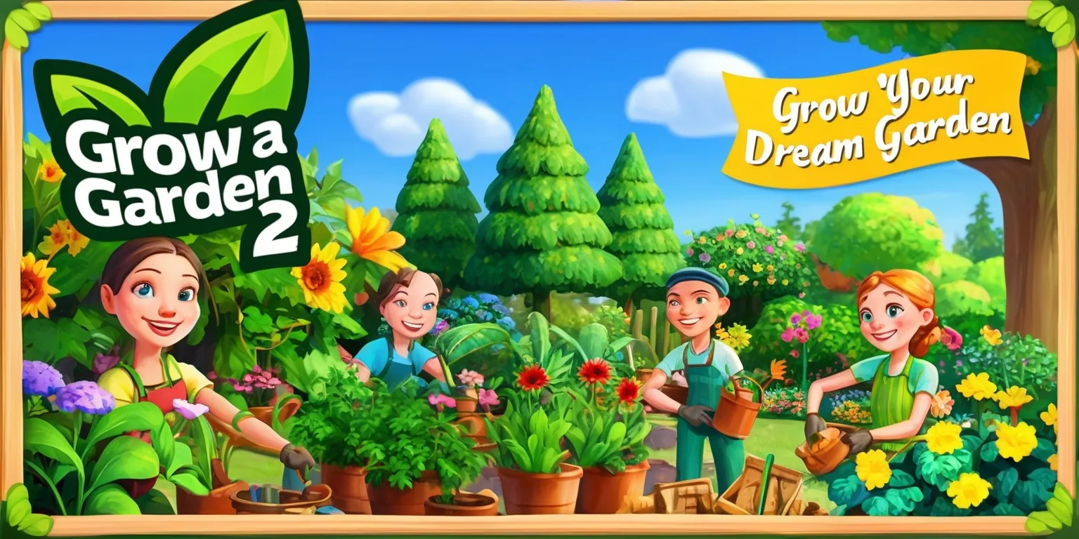 A colorful digital illustration of a vibrant garden scene from the Grow a Garden 2 game, featuring a variety of lush green plants, bright flowers, and towering trees, with a clear blue sky and fluffy white clouds in the background, and a few gardeners with smiling faces, smooth skin, and happy eyes, tending to the plants, surrounded by gardening tools and equipment, with the game's logo, a stylized green leaf with bold white lettering, prominently displayed in the top left corner, and a tagline, written in a playful, cursive font, that reads Grow Your Dream Garden, in a sunny yellow color, across the top of the image, with the entire scene framed by a thin, wooden border, with a warm, golden glow effect, and a sense of serenity and growth emanating from the entire image.