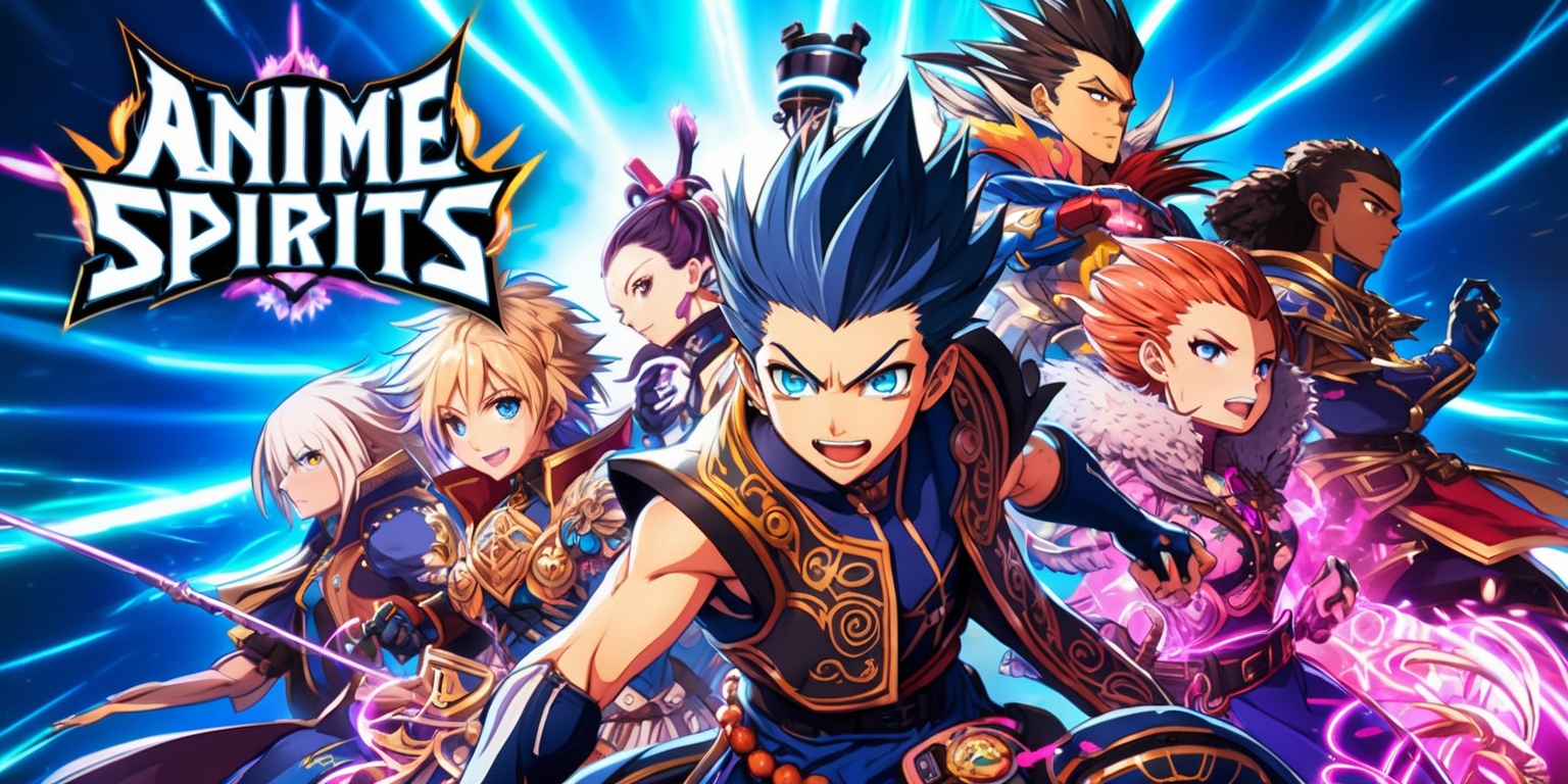 A vibrant, futuristic anime-inspired illustration depicting a dramatic scene from the Anime Spirits game, set against a radiant, electric blue background with neon-lit aurora borealis-like wisps. In the foreground, a group of diverse, energetic characters with dynamic hairstyles, expressive facial features, and intricate, ornate costumes, showcasing a range of skin tones from pale to darker complexions. One protagonist, with striking blue eyes and short, spiky hair, stands heroically at the center, surrounded by their comrades, each with unique abilities and accessories. Glowing, swirling patterns and motifs reminiscent of traditional Japanese art adorn the characters' attire, blending seamlessly with sci-fi, high-tech elements. The atmosphere is electric, with bold, dynamic lines and vivid, clashing colors, capturing the essence of an epic, action-packed game. In the top-left corner, the title Anime Spirits emblazoned in a stylized, metallic font with a soft, glowing aura.