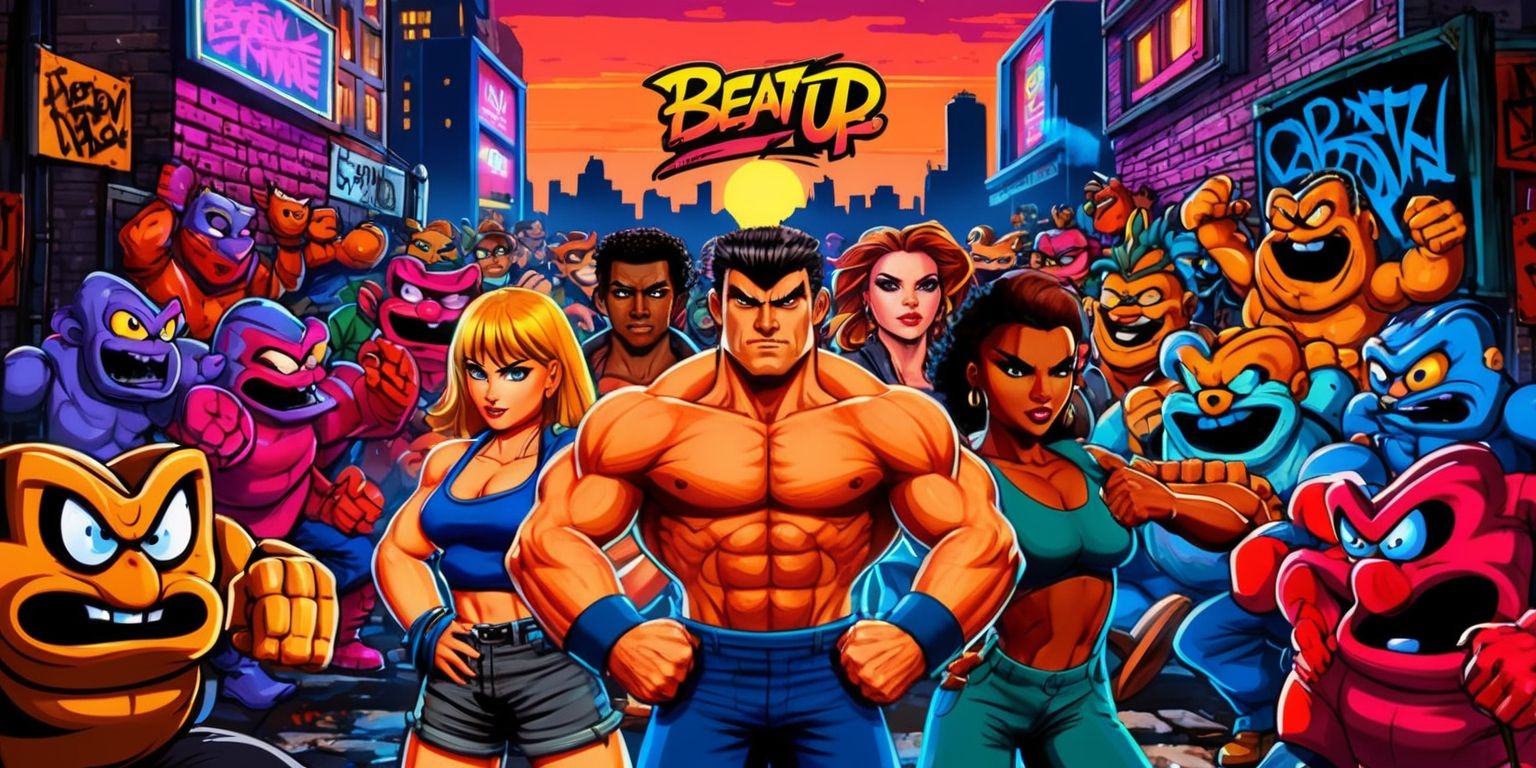 A vibrant and dynamic scene depicting a classic Retro Beat 'em Up game, set in a cityscape at dusk with a warm orange and pink sunset, featuring a diverse group of protagonists with unique facial features, skin colors, and hairstyles, including a muscular man with a determined expression and a woman with a fierce gaze, standing confidently in front of a gritty urban backdrop with bold graffiti tags and neon signs, surrounded by a multitude of colorful enemies with exaggerated features, all rendered in a stylized pixel art style with bold lines, bright colors, and dramatic lighting, with the game's logo, a stylized lettering with a bold font and bright colors, prominently displayed at the top of the image.