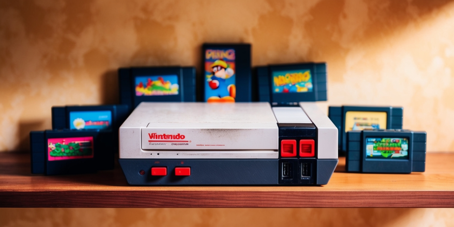 A nostalgic Nintendo game console sitting on a wooden shelf, surrounded by retro game cartridges with vibrant colors and pixelated graphics, against a warm beige background that evokes a sense of nostalgia, with the console's bright red power button and iconic controller ports prominently displayed, and a subtle hint of dust and wear on the console's surface, giving it a well-loved, retro gaming vibe.