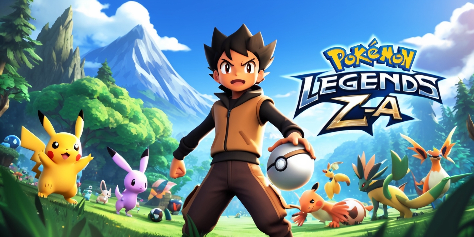 A vibrant, action-packed scene depicting the world of Pokémon Legends: Z-A, with a young protagonist standing boldly in the center, surrounded by lush green forests and majestic mountains, featuring a diverse range of Pokémon, including some from the Hisui region, with the protagonist's facial features showcasing determination and excitement, wearing a sleek, earth-toned outfit, and holding a trusty Poké Ball, with the Pokémon Legends: Z-A logo prominently displayed in a modern, curved font with a metallic sheen, set against a clear blue sky with a few puffy white clouds, and a subtle glow of adventure and exploration emanating from the entire scene.