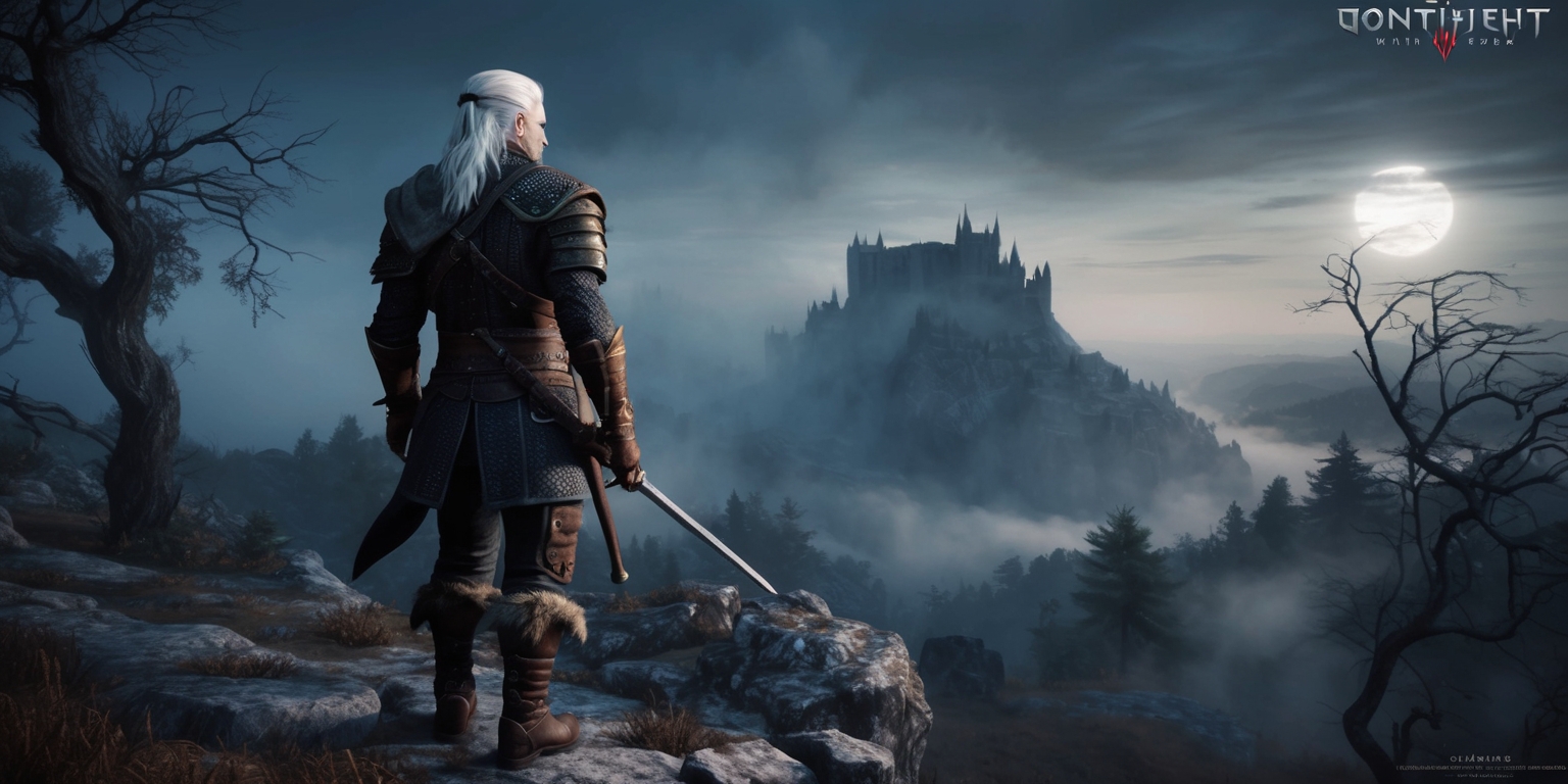 A breathtaking fantasy landscape set in the Continent, inspired by the Witcher Remake game, featuring Geralt of Rivia, a lone wolf monster hunter, standing atop a rugged cliff, gazing out into the misty horizon, his piercing eyes and striking white hair a stark contrast to the dark, muted tones of his armor, with the moonlit sky casting an ethereal glow on the scenic backdrop, while the silhouette of a distant castle looms in the distance, shrouded in mystery, as the subtle wisps of fog dance around the rugged terrain, evoking a sense of foreboding and adventure, with intricate details on the rocks, trees, and Geralt's attire, and a subtle worn, weathered texture to the image, as if aged by the passing of time.