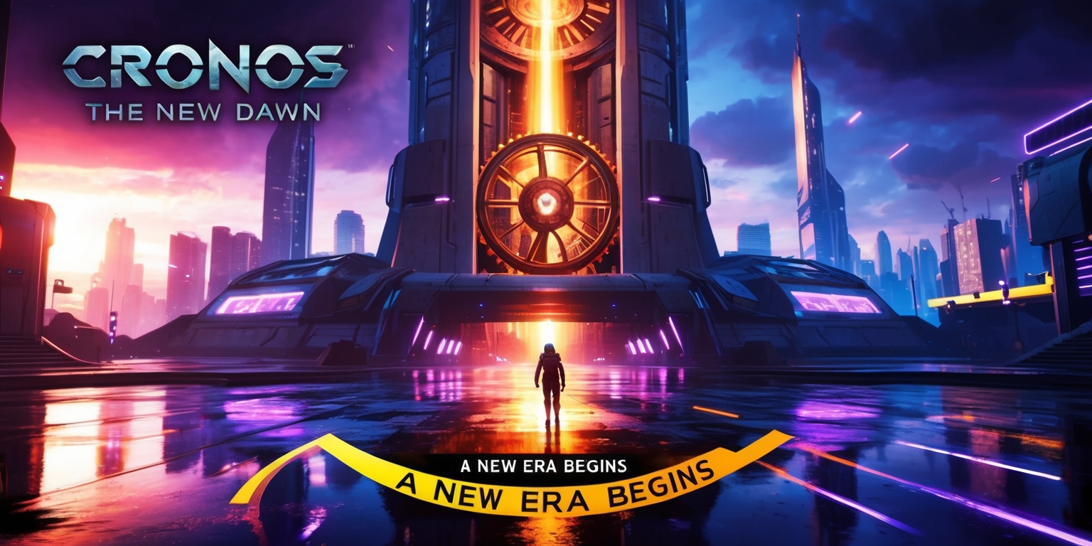 A futuristic video game cover art for Cronos: The New Dawn, featuring a vibrant, dystopian cityscape at sunrise with sleek skyscrapers and neon lights reflected in the wet pavement, a massive clock tower stands tall in the center, with a giant cogwheel mechanism exposed, and a brilliant light bursting out from within, the color palette is a mix of deep blues and purples, with accents of bright orange and yellow, the title Cronos: The New Dawn is emblazoned across the top in bold, metallic letters with a futuristic font, and the tagline A New Era Begins is written in smaller text at the bottom in a curved line, with a sense of dynamic energy and a glimpse of a figure in the distance, walking towards the clock tower, with a determined expression on their face.