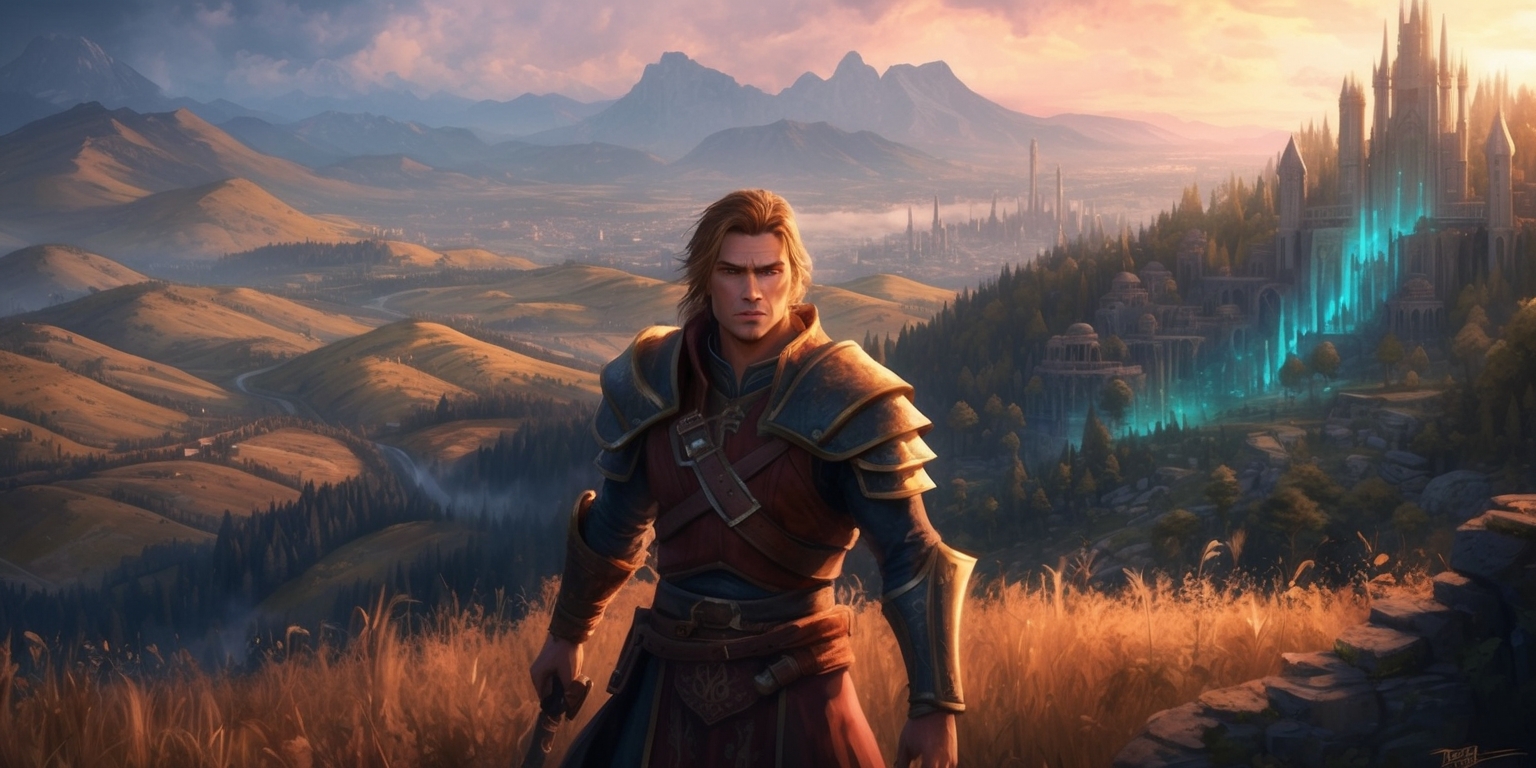 A heroic character stands at the edge of a sprawling, mystical Cyrodiil landscape, gazing out at the viewer with a determined expression, their facial features illuminated by the warm, golden light of sunset, with a subtle hints of magic aura surrounding them, set against a backdrop of rolling hills, ancient forests, and majestic mountains, with the imperial city of Kvatch visible in the distance, partially obscured by a faint mist, the entire scene rendered in a highly detailed, vibrant, and stylized manner reminiscent of classic fantasy art, with bold brushstrokes, intricate textures, and a rich color palette that blends earthy tones with pulsing hues of blue and green, evoking a sense of adventure, wonder, and epic scope.