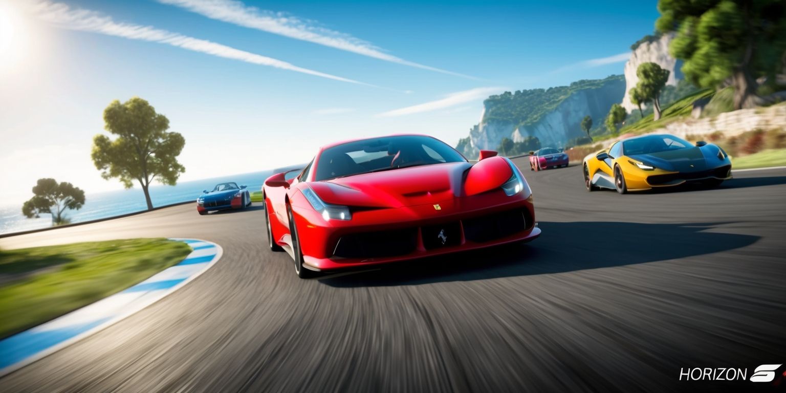 A high-octane racing scene from Forza Horizon 6, featuring a sleek, vibrant, red Ferrari speeding down a winding, sun-kissed coastal road, with lush green trees and crystal-clear blue waters in the background, under a bright, cloudless sky with a few wispy clouds, the car's reflection shimmering on the polished asphalt, surrounded by other exotic cars in the distance, with a subtle, blurred motion effect conveying speed, and a crisp, realistic graphical style, set against a stunning, natural landscape with rolling hills and dramatic cliffs, capturing the essence of freedom and thrill of the open road.