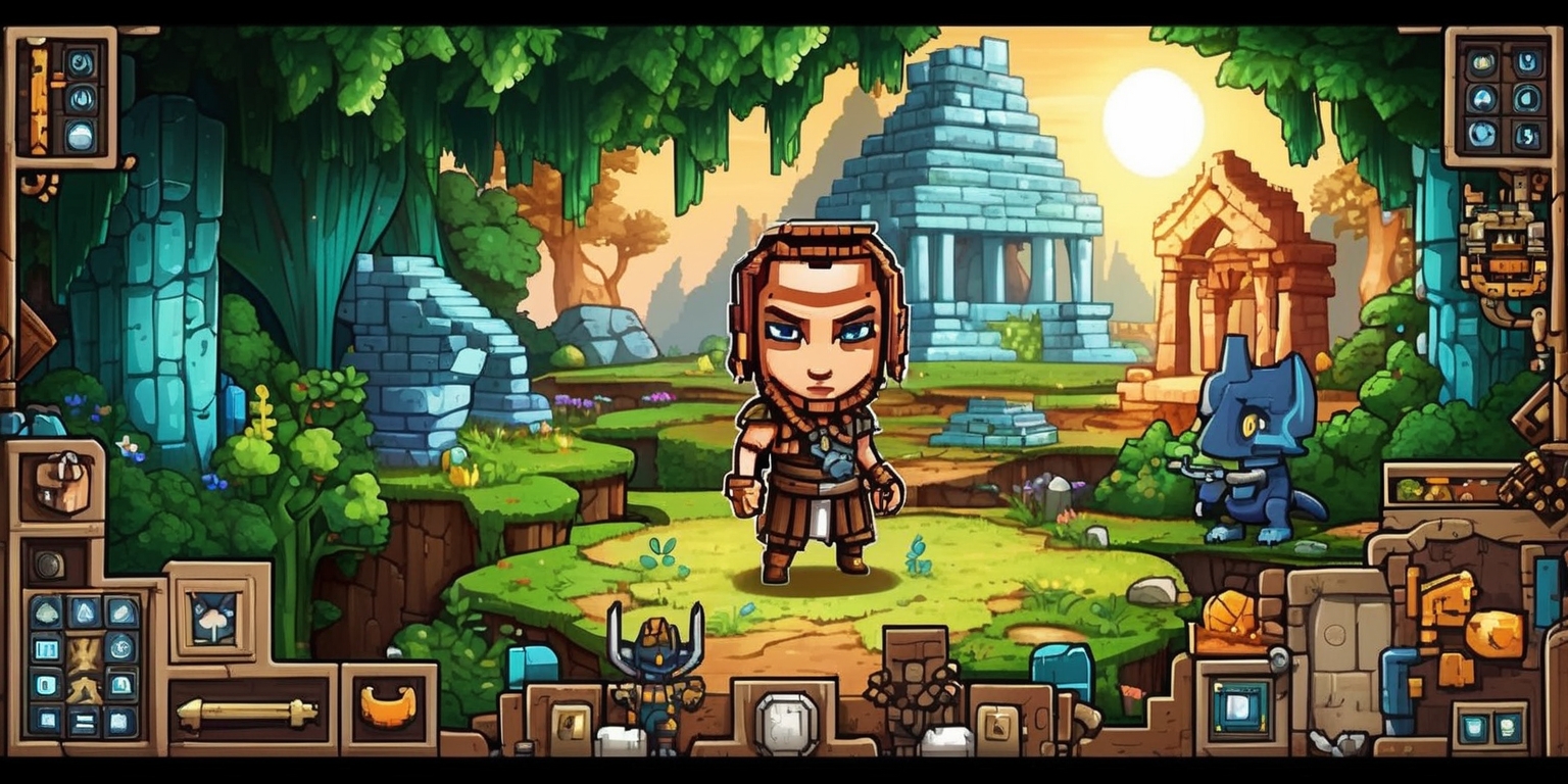 A detailed illustration of a roguelike platformer game scene with a mix of procedurally generated levels and handcrafted elements, featuring a prominent player character with distinctive facial features and attire, set against a vibrant backdrop of lush green forests, ancient ruins, and mysterious temples, with a color palette that blends earthy tones, mystical blues, and warm golden lighting, and incorporating various game elements such as item pickups, enemy creatures, and obstacles, all presented in a stylized pixel art style with bold lines, intricate details, and a sense of dynamic movement, with the game's user interface and HUD elements subtly integrated into the scene, including a minimalist font style for any on-screen text or logos.