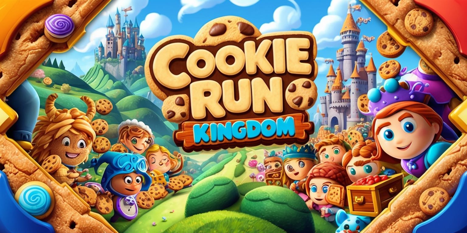 A vibrant and colorful digital illustration of the Cookie Run: Kingdom game, featuring a variety of intricately designed cookie characters with distinct facial features and expressive eyes, set against a richly detailed and fantasy-inspired background with rolling hills, towering trees, and bustling castle buildings, with a mix of warm and cool colors, bold lines, and intricate textures, and incorporating various game elements such as cookies, treasure chests, and magical creatures, with a dynamic layout and framing that showcases the whimsical and adventurous spirit of the game, and includes subtle gradients and shading to add depth and dimension to the scene.
