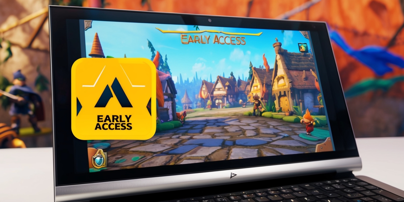 A computer screen displaying a video game with an Early Access logo prominently featured in the corner, the game's graphics are partially polished with some textures and models still requiring development, the background of the screen shows a fantasy world with medieval-style buildings and characters, the colors are vibrant with a mix of oranges, blues, and greens, the screen's frame is modern and sleek with a thin border, the game's title is written in bold, futuristic font at the top of the screen, and the Early Access logo is in a bright yellow color with a stylized font to draw attention.