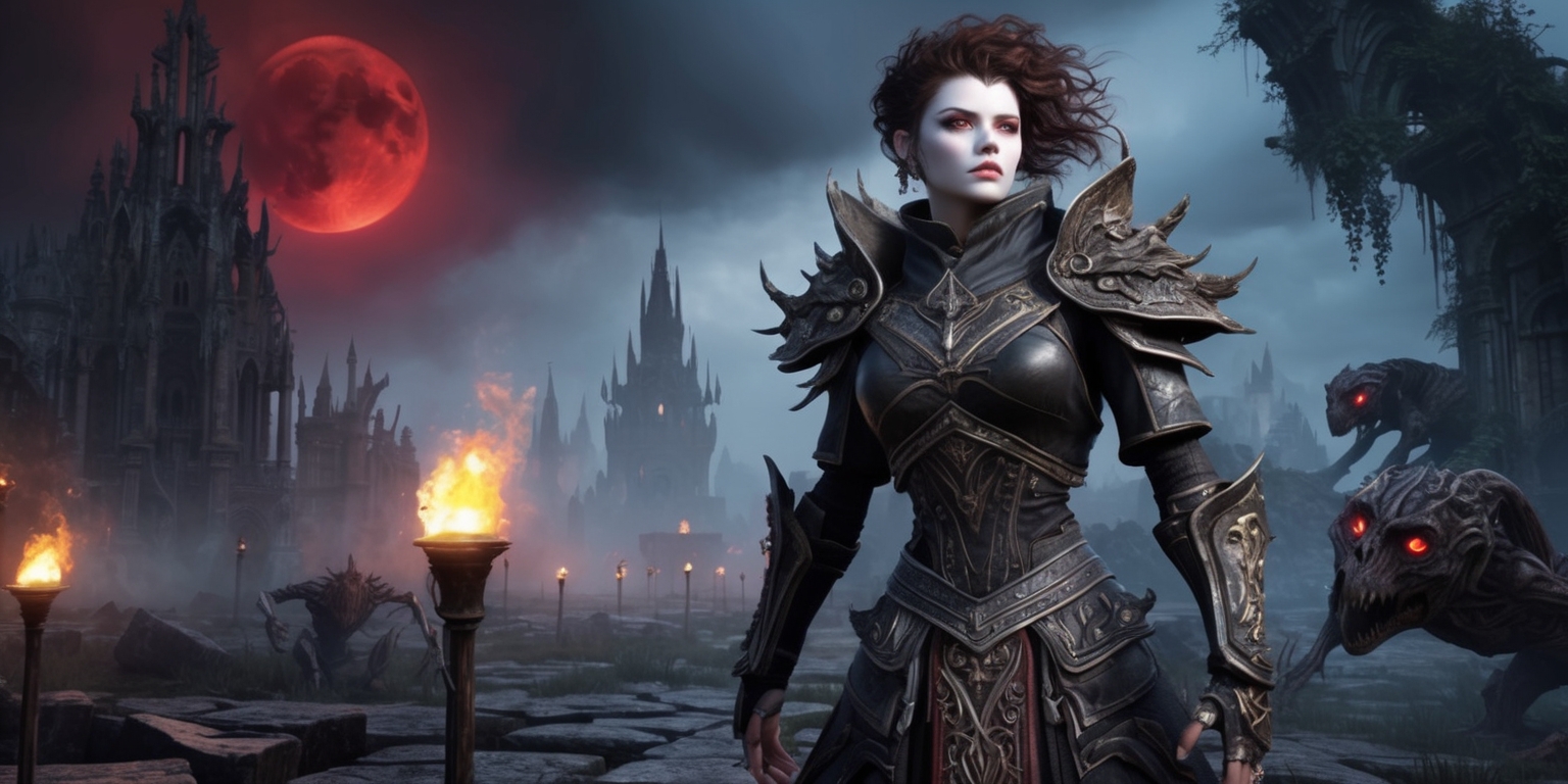 A dark fantasy action RPG scene from Path of Exile 2, set in a mystical, ruined city, with a gloomy, ominous atmosphere, lit by flickering torches and an eerie, blood-red moon hanging low in the sky. In the foreground, a powerful, armored female exile, with striking, determined facial features, pale skin, and wild, curly brown hair, stands defiantly, gazing out at the desolate landscape. Her intricate, ornate armor is a mix of dark, worn leather and gleaming, silver accents, adorned with mysterious, ancient runes that glow with a faint, ethereal light. In the distance, twisted, nightmarish creatures roam, their glowing red eyes fixed on the exile, as crumbling, Gothic spires and overgrown, ancient ruins stretch towards the sky, shrouded in mist and shadow.