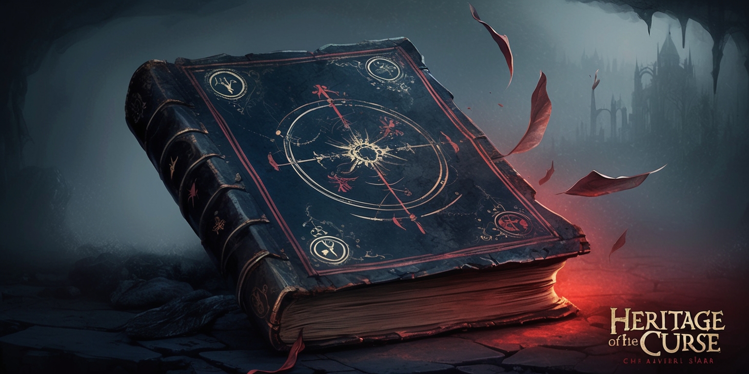 A haunting, atmospheric illustration depicting the mysterious world of Heritage of the Curse, a dark fantasy video game. The dominant colors are muted, with shades of indigo, crimson, and faint, eerie luminescence. The composition features a worn, ancient tome, adorned with cryptic symbols, strange markings, and mysterious glow. The leather-bound book lies open, its pages fluttering as if blown by an unseen force. In the background, a subtle, misty landscape hints at a foreboding, forgotten realm. The overall style blends medieval, gothic, and occult elements, with intricate, detailed textures and subtle, mysterious lighting.
