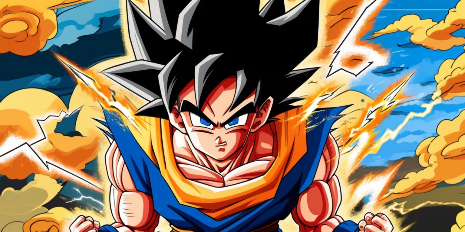 A vibrant and action-packed anime-style image featuring Goku, the main protagonist of the Dragon Ball series, in his iconic DAIMA attire, showcasing his muscular physique and determined facial expression with piercing blue eyes and spiky black hair, set against a dynamic background with swirling clouds and lightning bolts in shades of orange, yellow, and blue, with bold black outlines and energetic lines reminiscent of classic anime, inspired by the retro aesthetic of 80s and 90s Japanese animation, with a subtle golden glow to evoke a sense of power and heroism, and a composition that conveys movement and intensity, capturing the essence of the epic battles and intense training sequences characteristic of the Dragon Ball franchise.