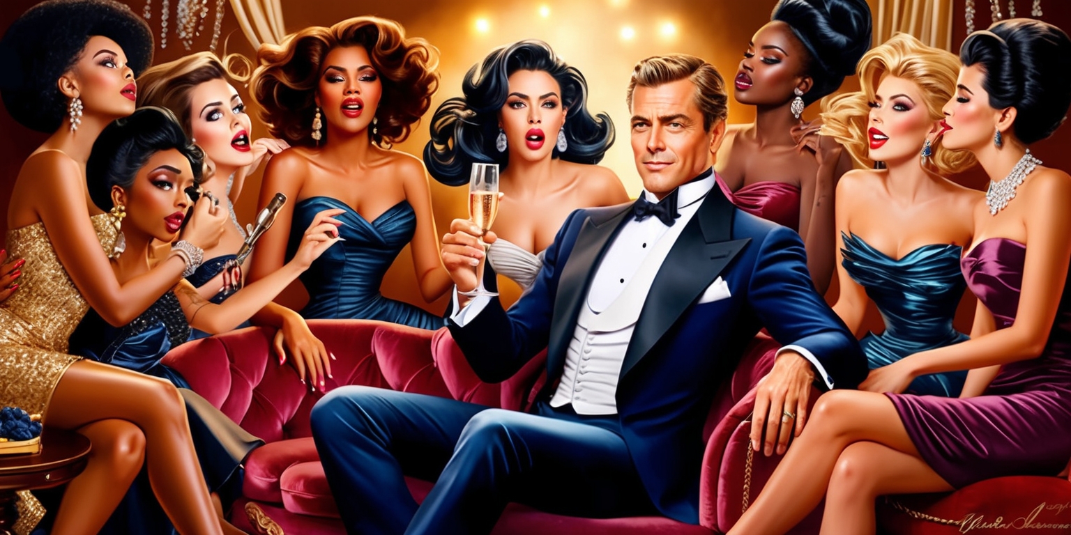 A dramatic, luxurious, and intimate illustration of a wealthy bachelor surrounded by multiple beautiful women, all vying for his attention, set against a warm, golden backlight, evoking the feeling of opulence and indulgence, with ornate furnishings, lavish fabrics, and sparkling jewels, the women dressed in sleek, glamorous gowns, with diverse skin tones and hairstyles, their facial expressions conveying feelings of desire, jealousy, and rivalry, the bachelor, handsome and confident, with chiseled features, a strong jawline, and piercing eyes, sitting comfortably on a plush, velvet couch, with a champagne flute in hand, amidst the chaos, a subtle hint of tension and drama in the air, the overall aesthetic a blend of modern luxury and classic Hollywood glamour.