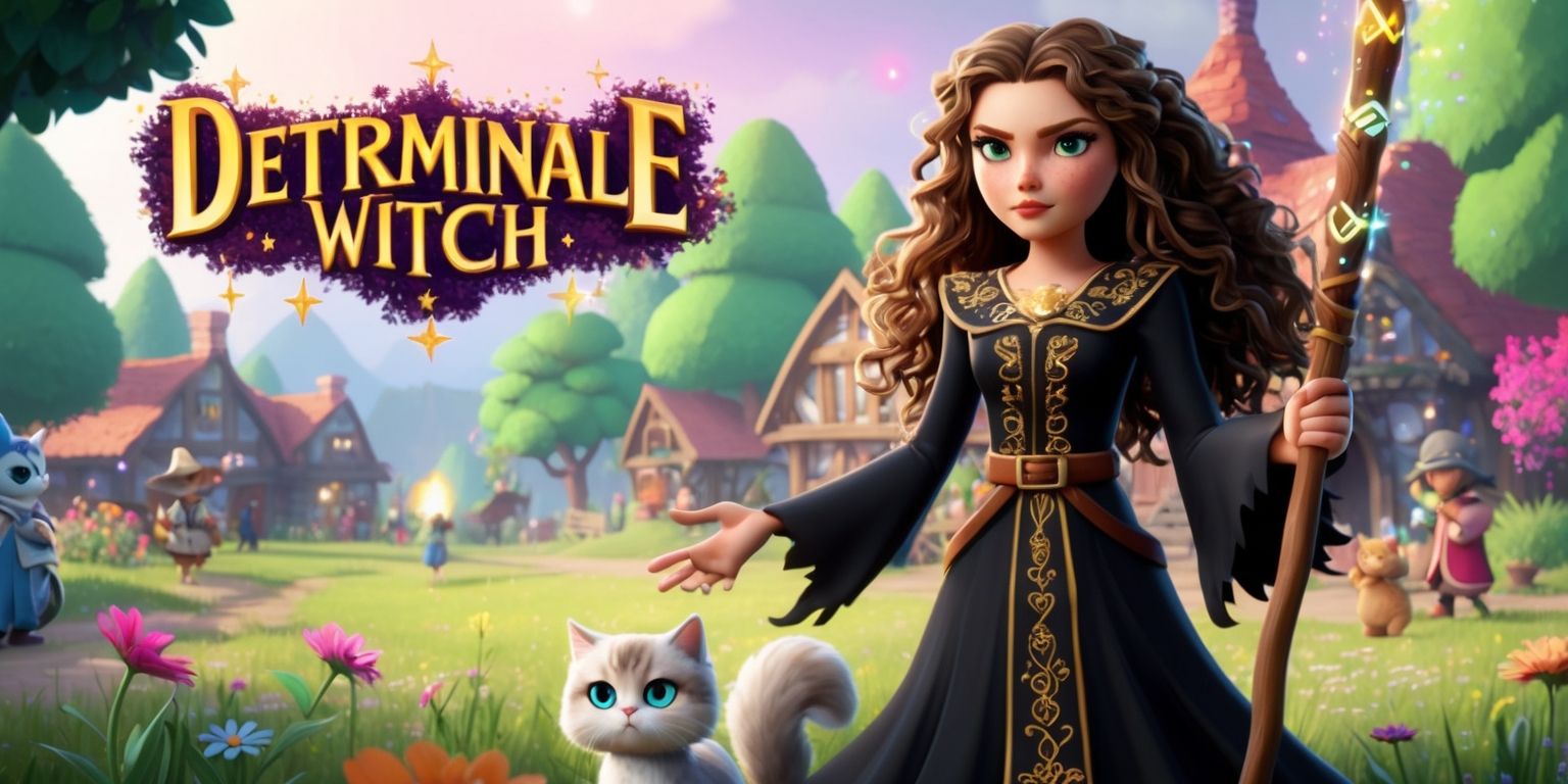 A whimsical mobile game scene depicting a determined witch with long, curly brown hair and piercing green eyes, standing in front of a cozy village surrounded by lush green trees and vibrant wildflowers, with a adorable feline companion by her side, the cat has bright blue eyes and fluffy white fur, the witch wears a long, flowing black dress with intricate golden embroidery, and holds a sturdy wooden staff adorned with glowing runes, the background features a mix of magical creatures and villagers going about their daily activities, with a faint glow of soft pink and purple hues, the game's logo is displayed prominently at the top in bold, cursive font with golden letters and a sprinkle of glittering stars, the overall art style is fantastical and dreamy, with a focus on vibrant colors and delicate textures.