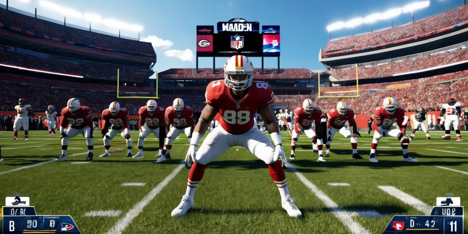 A dynamic Madden NFL football video game scene viewed from a broadcast-style camera angle, featuring a professional American football player in a detailed team uniform lined up at the line of scrimmage on a brightly lit stadium field, with opposing players, coaches, yard lines, goalposts, packed spectator stands, and a large electronic scoreboard in the background. Realistic player models, authentic athletic poses, detailed helmets and protective gear, vivid team colors, dramatic stadium lighting, sharp textures, cinematic depth of field, and polished modern sports-game graphics. Include a clear on-screen gameplay interface with a scoreboard, down-and-distance information, play clock, and subtle controller or play-selection indicators, arranged naturally around the edges of the frame.