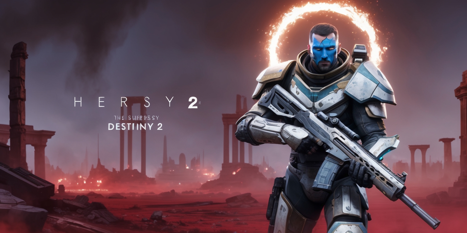 A dark, gritty, and futuristic digital illustration depicting a pivotal scene from the Heresy episode of Destiny 2, set against a desolate, crimson-hued, and ruins-filled landscape. In the foreground, a gritty, worn, and heavily armored Guardian, with a determined expression and piercing blue eyes, stands tall, grasping an exotic rifle, surrounded by a halo of flickering, pulsing light. The Guardian's armor is a mix of metallic silver and titanium plating, adorned with intricate, etched patterns, and a hint of worn, battle-worn weathering. The background is a blurred, smoky haze, with faint, eerie, pulsing lights emanating from the ruins, evoking an atmosphere of foreboding and tension. The style blends elements of sci-fi, fantasy, and dystopian aesthetics, with bold brushstrokes, vibrant colors, and an emphasis on dramatic lighting and shading.