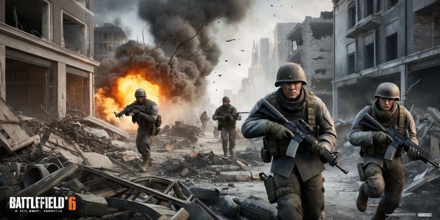 A first-person shooter game scene from Battlefield 6, featuring a chaotic war zone with explosions and smoke, set in a devastated urban landscape with ruined buildings and debris-filled streets, where soldiers in military uniforms with distressed faces and weary expressions, wearing tactical gear and holding assault rifles, are navigating through the wreckage, with a grey and brown color palette and a hint of orange from the explosions, intense lighting with deep shadows, and a dramatic atmosphere, in a realistic and detailed style with a focus on the action and tension of the battlefield.