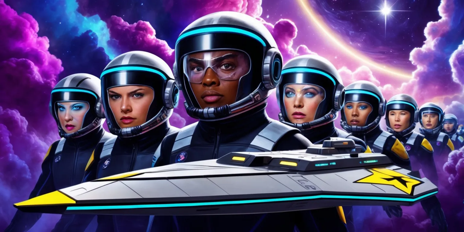 A futuristic scene depicting a group of star sailors navigating through the cosmos, set against a vibrant celestial backdrop with swirling clouds of purple and blue gas, and stars shining brightly in the distance, the sailors are dressed in sleek black and silver space suits with metallic accents and neon blue stripes, their faces visible through transparent helmets, with determined expressions and distinct facial features, including varying skin tones and unique attributes such as futuristic goggles and communication devices, in the foreground a large spaceship with a silver hull and neon blue trim dominates the scene, with a stylized logo of a star with bold lines and a bright yellow color emblazoned on the side, the overall style is a mix of digital painting and 3D rendering, with a sense of dynamic movement and energy.